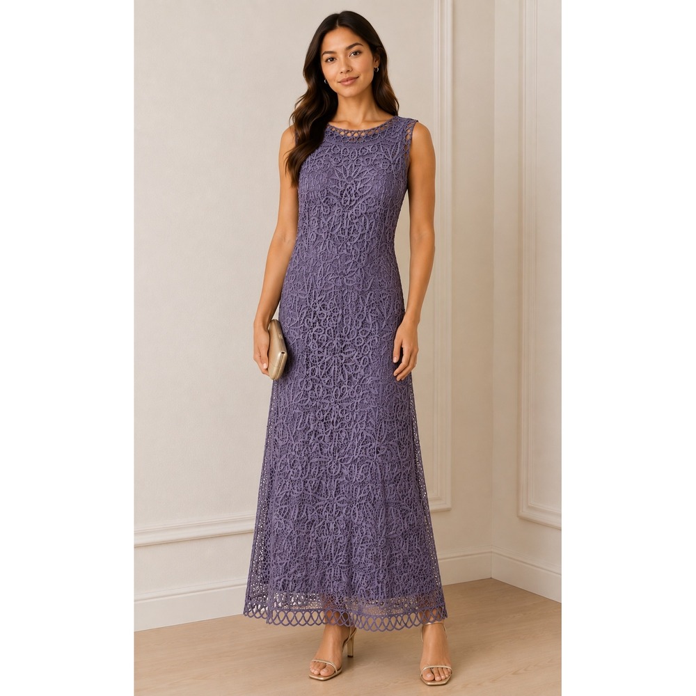 Soulmates Petite Silk Crochet Lace Beaded Maxi Dress Lavender Purple PS Formal